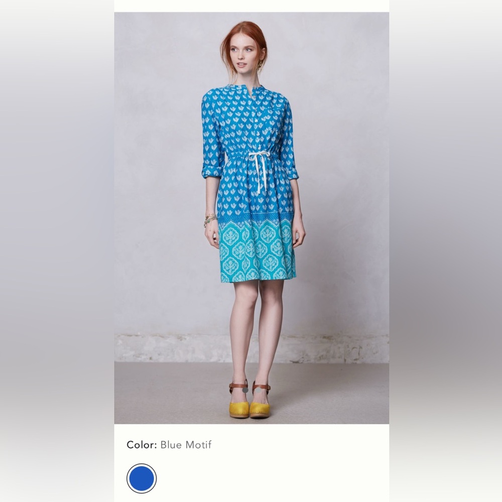 Anthropologie Meadow Rae Blue & Teal Patterned Dress 100% Cotton-Never Been Worn